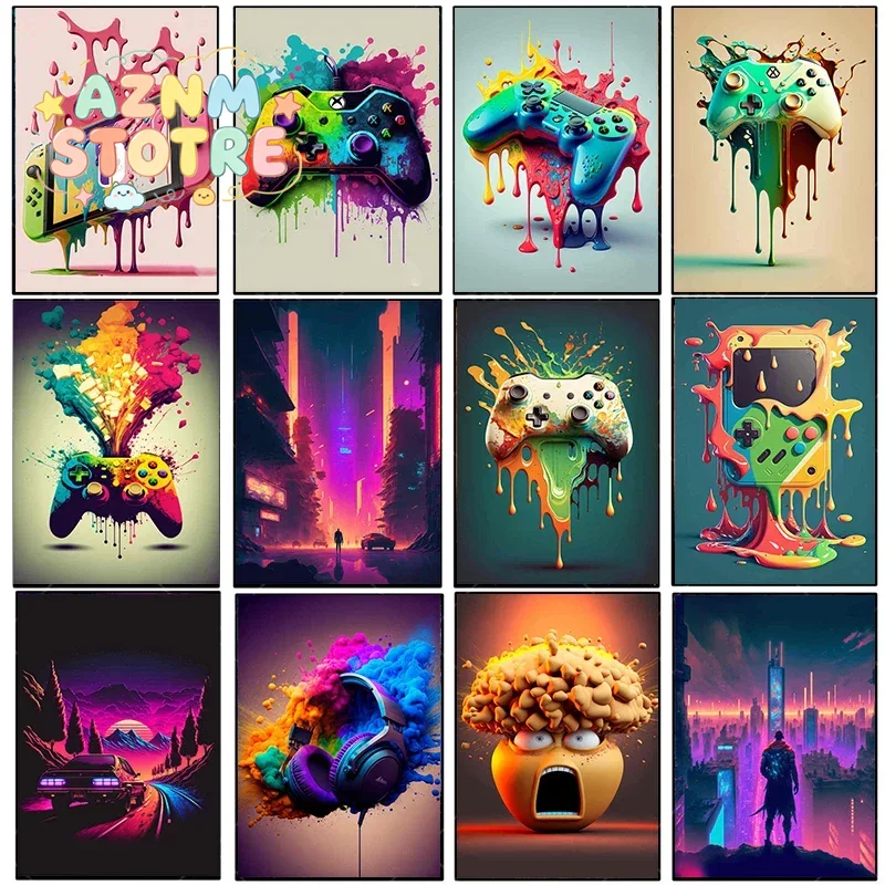 Esports Gamers - ヴィンテージキャンバス絵画カラフルなパンクネオンゲーマーコントローラークールなゲームポスター壁アートeスポーツゲームかわいい部屋の装飾用
