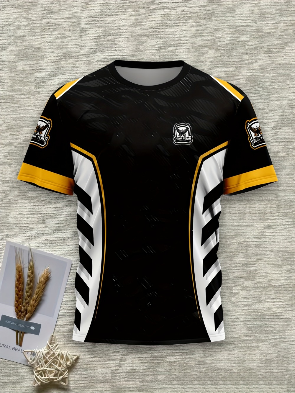 Esports Gaming Logo - メンズゲーミングeスポーツチームジャージTシャツ、黒・金・白の幾何学模様昇華プリント3DプリントTシャツ、イーグルロゴスポーツ半袖シャツ