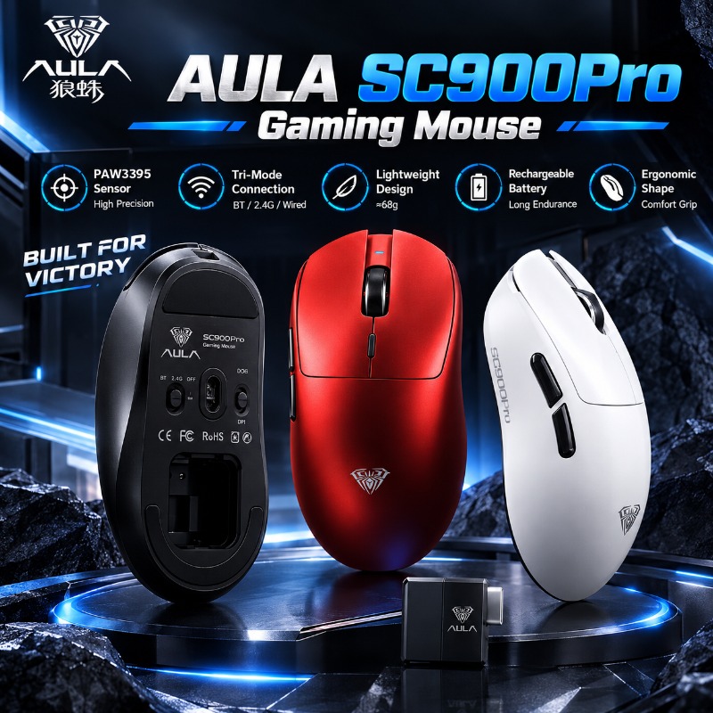 Esports Gaming Mouse Wireless - AULA SC900Pro ゲーミングマウス。PAW3395センサー搭載。トリプルモード（ワイヤレス、Bluetooth、2.4GHz有線）対応。26000DPI、8Kポーリングレート。軽量設計で、eスポーツに最適。