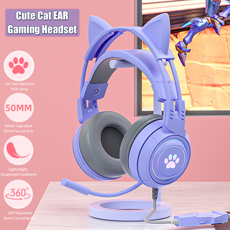 Esports Gaming Monitor - マイク付きのかわいい猫の耳のゲーミングヘッドフォン,RGBのノイズリダクション,ピンクの女の子用ヘッドセット,ゲーマー,PS4用アクセサリー,Xbox,電話,PC,子供向けギフト