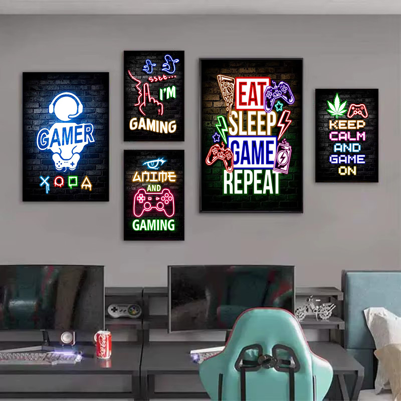 1枚入りフレームレスキャンバス絵画、ゲーミングネオン「Eat - Esports Gamer のレビューと価格